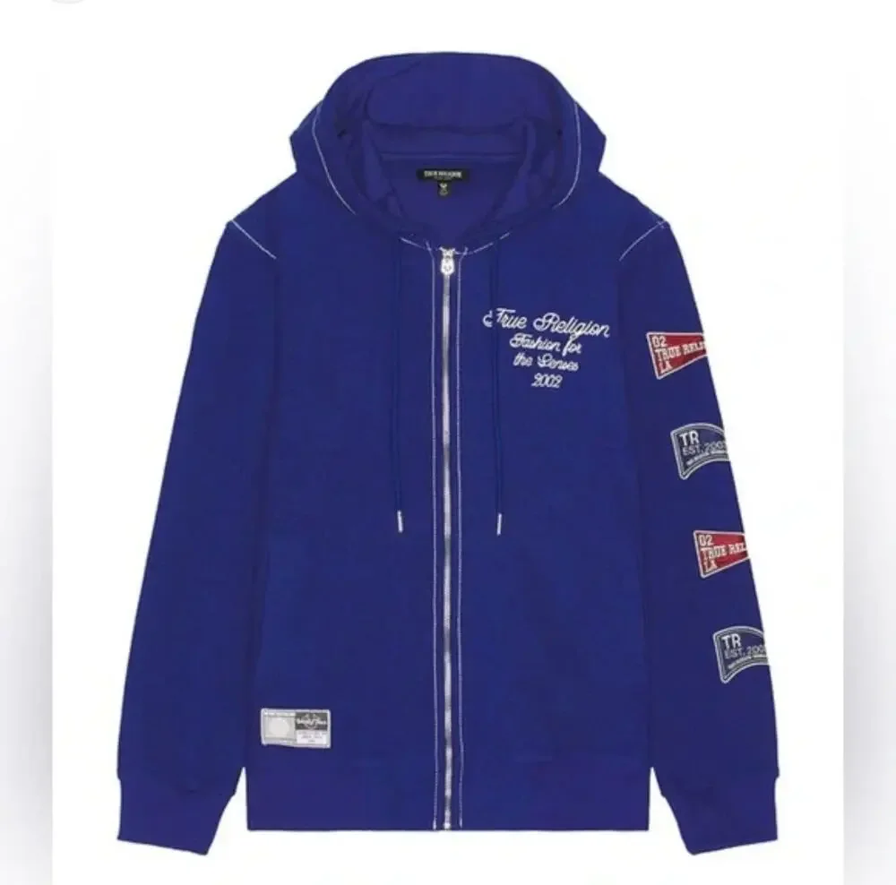 True Religion Hoodie Mens Large Blue Reverse Terry Zip Up Sweatshirt NWT